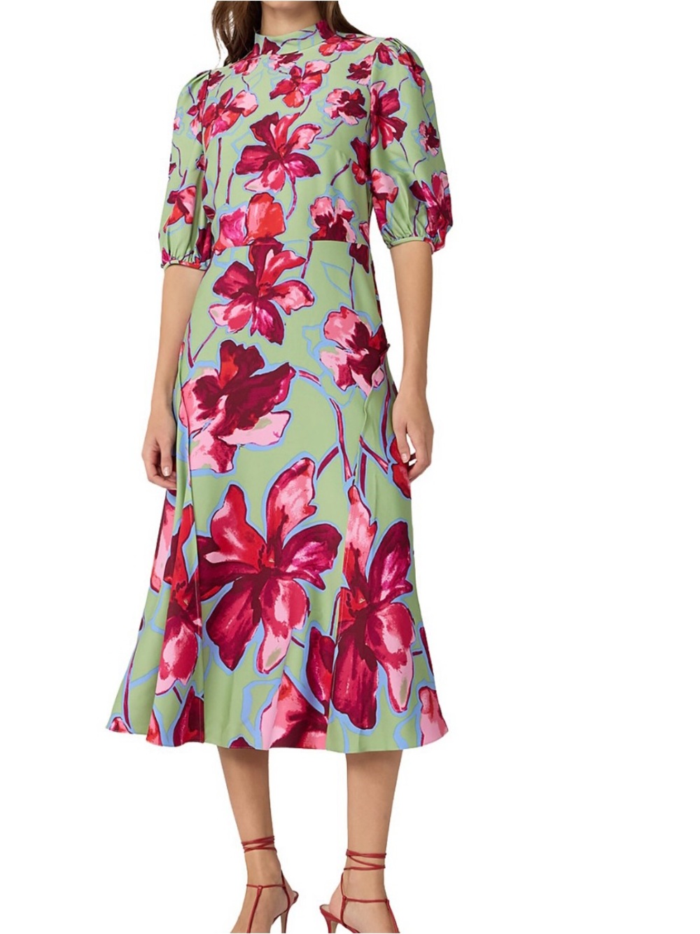 DIANE VON FURSTENBERG Floral Midi Dress with Mock Neck in Lime and Fuchsia new